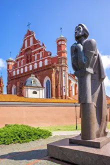 Sculptures Prints: A Statue of the Polish Poet Adam Mickiewicz in front of St