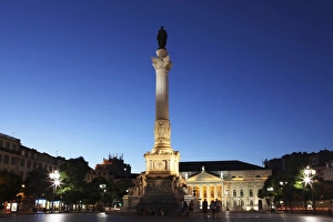 Statue of Portugals King Dom Pedro IV, Dona Maria II national theatre at night, Rossio Square, Baixa district, Lisbon, Portugal, Europe