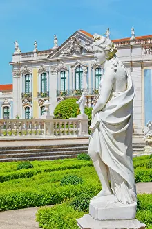 Ornamental Prints: Statue in front of Queluz National Palace with green gardens and blue sky in Lisbon