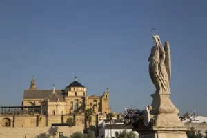 Cordoba Prints: Statue of Raphael the Archangel with the Great Mosque (Mesquita) and Cathedral of
