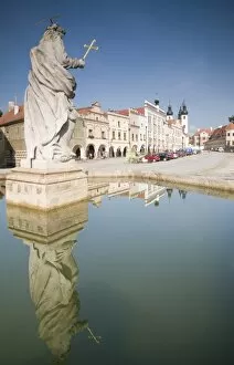 Images Dated 1st July 2009: Statue of saint and fountain, Renaissance buildings at Zachariase z Hradce Square