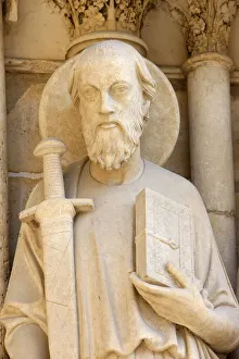 Notre Dame Prints: Statue of St. Paul on cathedrals westen wing, Last Judgment door
