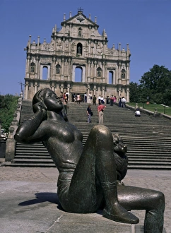 Macau Prints: Statue and St. Pauls Cathedral, Macau, China, Asia