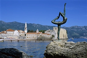 Budva Prints: Statue and view of Old Town, Budva, The Budva Riviera, Montenegro, Europe