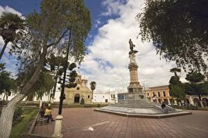 Statue of Vincente Maldonado and the Cathedral at Parque Maldonado in this colonial-style provincial capital, Riobamba