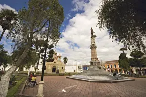 Ecuadorian Prints: Statue of Vincente Maldonado and the Cathedral at Parque Maldonado in this colonial-style provincial capital