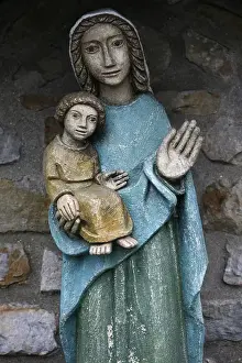 Mary Prints: Statue of Virgin and Child outside Saint-Pierre de Solesmes Abbey, Solesmes, Sarthe