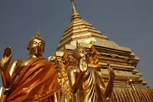 Thai Culture Prints: Statues and chedi in Doi Suthep temple, Chiang Mai, Thailand, Southeast Asia, Asia
