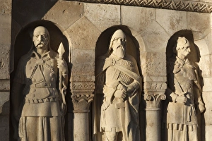 Traditionally Hungarian Prints: Statues on Fishermens Bastion (Halaszbastya), Buda, Budapest, Hungary, Europe