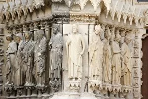 Statues on the west front of Reims cathedral, UNESCO World Heritage Site