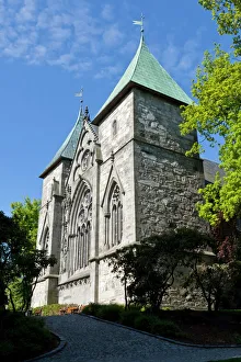 12th Century Prints: Stavanger Cathedral and trees, Stavanger, Norway, Scandinavia, Europe