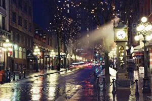 The Steam Clock at night on Water Street, Gastown, Vancouver, British Columbia