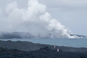 Big Island Prints: Steam plumes from hot lava flowing onto the beach