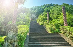 Hedge Prints: Steps flanked by stone pillars and Qi Ling lions leading up towards a stone gate