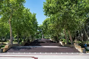 Enjoyment Prints: Steps lead up through trees in a sunny park in Baku Azerbaijan during a clear day