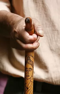 Images Dated 21st July 2007: Stick engraved with a Buddha, Dakshin Kali, Nepal, Asia