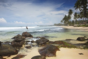 Stilt Prints: Stilt fisherman on Dalawela beach, Southern Province, Sri Lanka, Asia