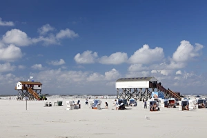 Chairs Prints: Stilt house and beach chairs on the beach of Sankt Peter Ording