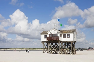 Stilt houses on a beach, Sankt Peter Ording, Eiderstedt Peninsula, Schleswig Holstein, Germany, Europe