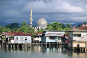 Stilt House Prints: Stilt village and State Mosque in Kota Kinabalu