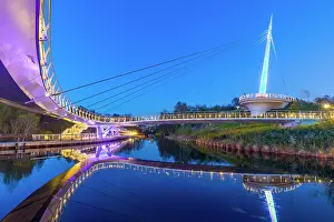 Recreational Prints: Stockingfield Bridge reflects in the waters of the Forth and Clyde Canal during twilight in Glasgow