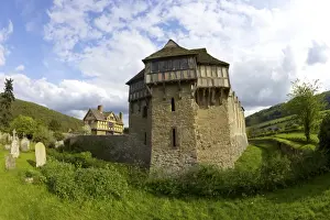 Tomb Stones Prints: Stokesay Castle, a fortified medieval manor house in spring sunshine, Shropshire