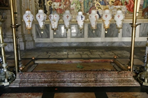 Lamps Prints: The stone of the Anointing, Church of the Holy Sepulchre, Old City, Jerusalem