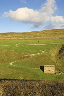 Stone barn and winding track near Keld, Yorkshire Dales National Park, Yorkshire