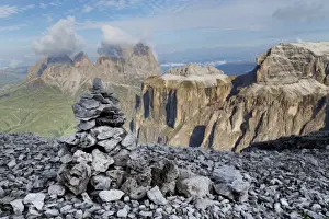 Cairn Prints: Stone cairn on Sass Pordoi mountain in the Dolomites near Canazei