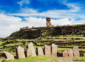 Peruvian Culture Prints: Stone Circle and Chullpa in Sillustani, Puno Region, Peru, South America