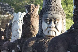 Traditionally Cambodian Prints: Stone figures at the Angkor archaeological complex, Angkor, UNESCO World Heritage Site