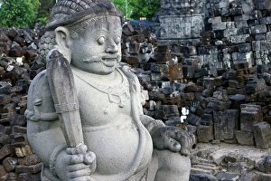 Indonesian Prints: Stone guardian statue, Candi Sewu