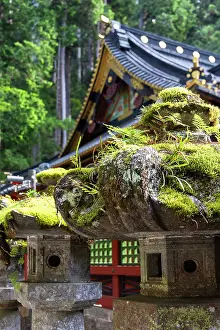Nikko Prints: Stone lanterns at Futarasan Temple in Nikko Tochigi feature moss and greenery