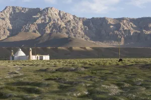 Tajikistan Prints: Stone Mosque in wide, rocky landscape, Murgab, Tajikistan, Central Asia