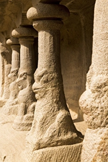 Images Dated 16th March 2008: Stone pillars support the Bhima Ratha in the Five Rathas (Panch Rathas) complex at Mahabalipuram
