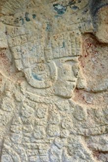Detail of stone relief, ancient Mayan ruins, Chichten Itza, UNESCO World Heritage Site