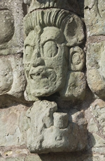 Honduras Prints: Stone sculptured face of the God of the Underworld, East Court, Copan Archaeological Park