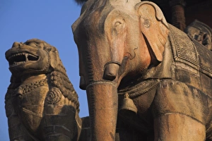 Bhaktapur Prints: Stone statue of elephant at temple