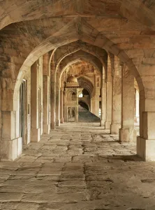 Corridor Prints: Stone vaults and nimbar (pulpit) in prayer hall of Jami Masjid