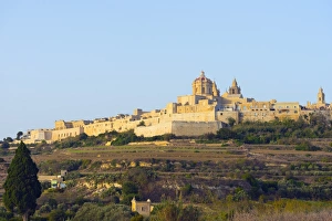 City Wall Prints: Stone walled city and St. Pauls Cathedral, Mdina, Malta, Mediterranean, Europe