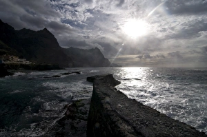 Stonewall at sunset on the coast of Santo Antao, Cape Verde, Africa