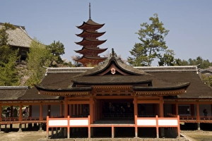 Shrines Prints: Five storey Pagoda, seen from Itsukushima shrine, Miyajima, Japan, Asia