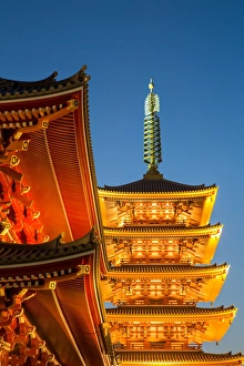 7th Century Prints: The Five Storey Pagoda at Sensi-ji Temple at night, Tokyo, Japan, Asia