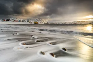 Traditionally Norwegian Prints: Storm clouds at dawn over waves of the Arctic icy sea, Veines, Kongsfjord