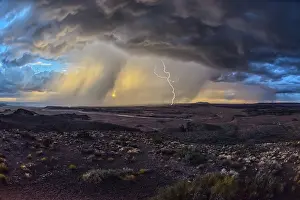 Electricity Prints: Storm with lightning approaches Pintado Point at Petrified Forest National Park near sunset in Arizona