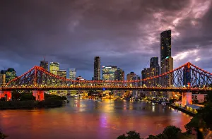 Queensland Prints: Story Bridge lit up after dark, Brisbane, Queensland, Australia, Pacific