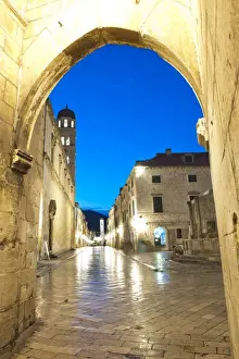 Former Yugoslavia Prints: Stradun, the Franciscan Monastery and Old Town Bell Tower in Dubrovnik Old Town at night