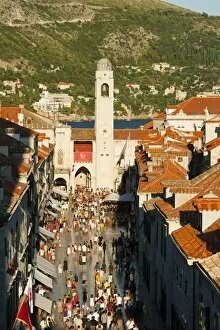 Images Dated 7th August 2010: Stradun street and watch tower, Dubrovnik, UNESCO World Heritage Site, Dubrovnik-Neretva county
