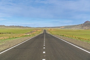 Mongolian Prints: Straight paved road, Bayandalai district, South Gobi province, Mongolia, Central Asia