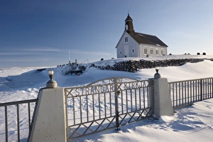 Strandakirkja wooden church in winter, said to be the richest in Iceland